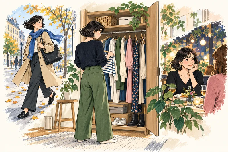 Ilustrace: žena u otevřené šatní skříně, vlevo tatáž postava jde ulicí v kabátu a šále, vpravo večer sedí u stolu v restauraci.